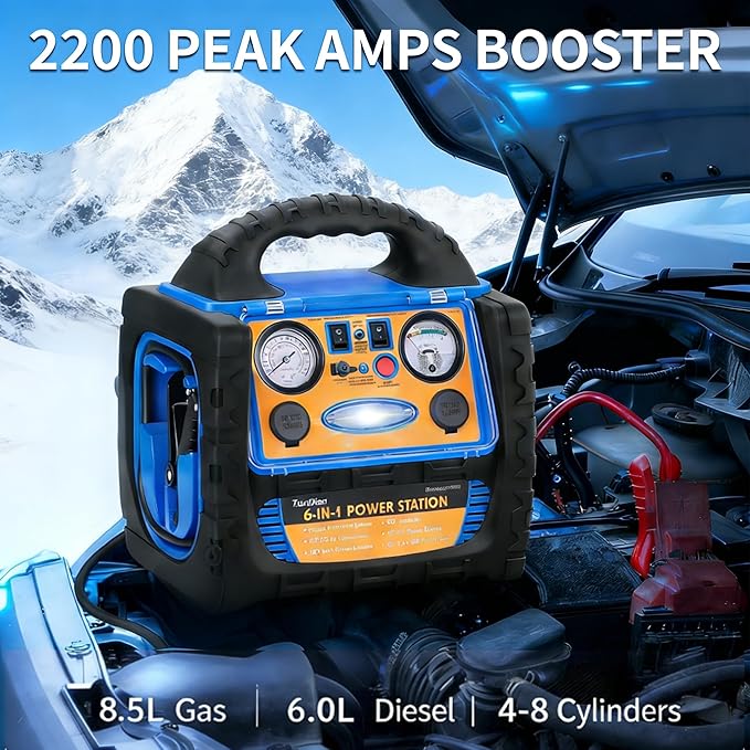 2200A Car Battery Jump Starter with Air Compressor 260PSI,12V Heavy Duty Jump Box (8.0L Gas/6L Diesel), Jump Box Power Pack with USB/DC Output and LED Light