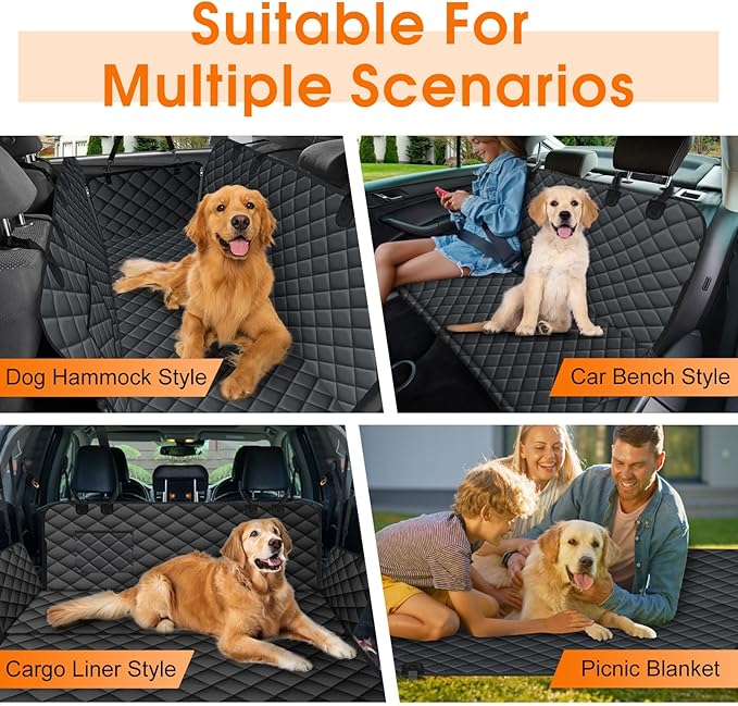 NECKORY Waterproof Dog Car Seat Cover for Back Seat - Durable, Scratch Proof Pet Hammock with Nonslip Design & Storage Pockets, Fits Cars, SUVs, Trucks - L, Black