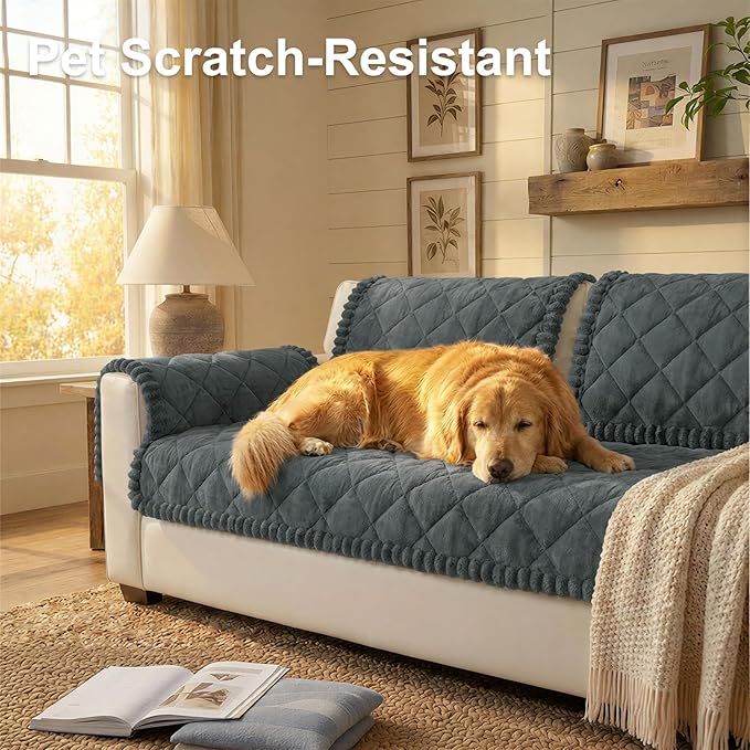 Smiry Fuzzy Couch Cover for Dogs, Non Slip Washable Pet Sofa Cover, Scratch Proof Hair Resistant Plush Sofa Slipcover, Pet Friendly Couch Cushion Protector for Cat, Dark Grey, 27.6" x 27.6"