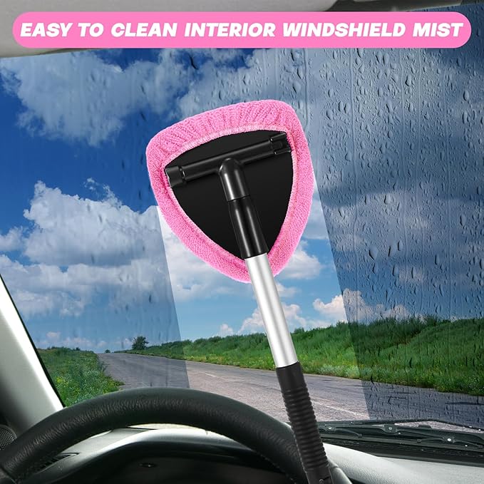 Baderke 10 Pcs Windshield Cleaner Tool Car Window Cleaning Supplies with Extendable Handle Include 6 Washable Microfiber Bonnets 2 Empty 60ml Spray Bottle Glass Wiper Kit(Pink)