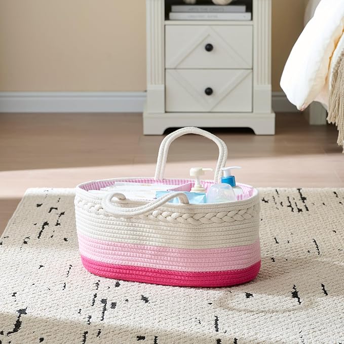 luxury little Diaper Caddy Organizer, Large Cotton Rope Nursery Baby Basket, Changing Table Organizer for Baby Diaper Storage, Portable Car Organizer Removable Divider (Pink, Extra Large)