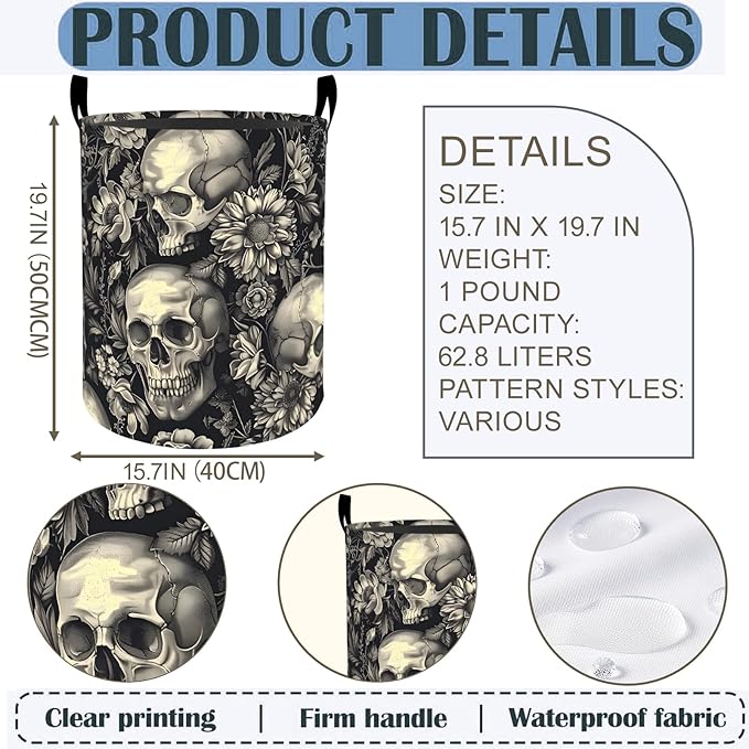 Skull Floral Laundry Basket Hamper 19.7"x15.8", Gothic Foldable Waterproof Oxford Clothes Storage Bucket for Room Bathroom Bedroom Nursery Decor, Toy Organizer Bins Gifts for Kids Boys Girls