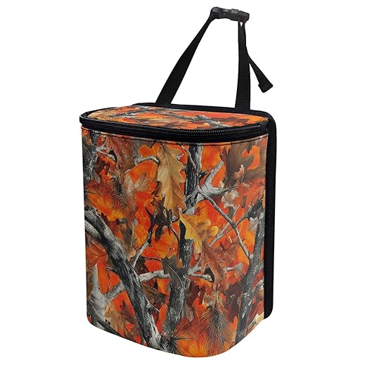 Orange Camo Hunting Forest Car Trash Can Leak-Proof Car Trash Bin Collapsible Portable Auto Garbage Bag Large Capacity Trashcan Storage Bag