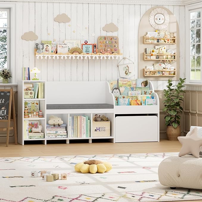 HOSTACK 67" W Kids Reading Nook with Toy Storage Organizer, Large Kids Bookshelf with Toy Storage Box on Wheels, Big Kid Bookcase with Bench and 6 Open Cubbies for Playroom, Kid Room, White