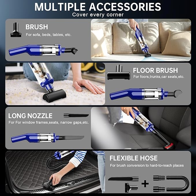 dormzie Handheld Vacuum Cordless, 16000Pa Powerful Suction, Lightweight at 1.3 lbs, Rechargeable Car Vacuum Cleaners for Home Office Car Pets with Brushless Motor, Multiple Accessories