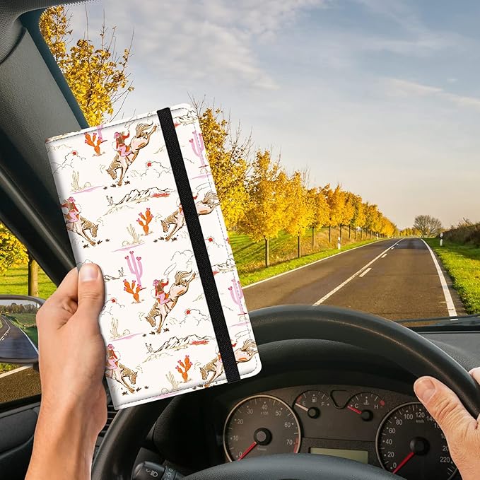 Car Registration and Insurance Card Holder, Vehicle License Documents Glove Box Compartment Organizer Wallet, ID Card Holder for Car Essentials Automobile, Cowgirl Wild West