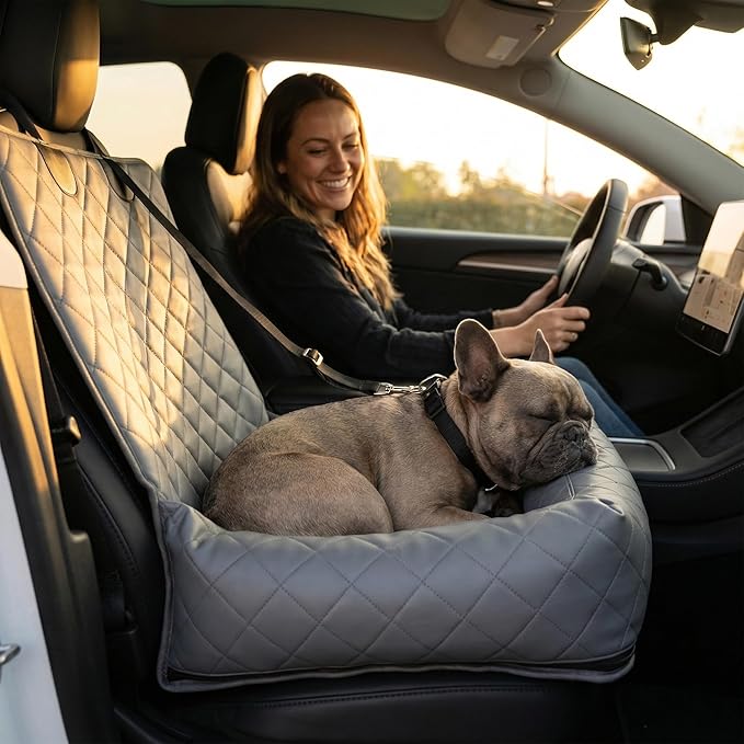 Microfiber Leather Dog Car Seat for Small & Medium Dogs, Waterproof Pet Car Seat with Washable Pee Pad, Scratch & Fur Resistant, Foldable Dog Bed for Home & Travel, Non-Slip Design, Matte Gray