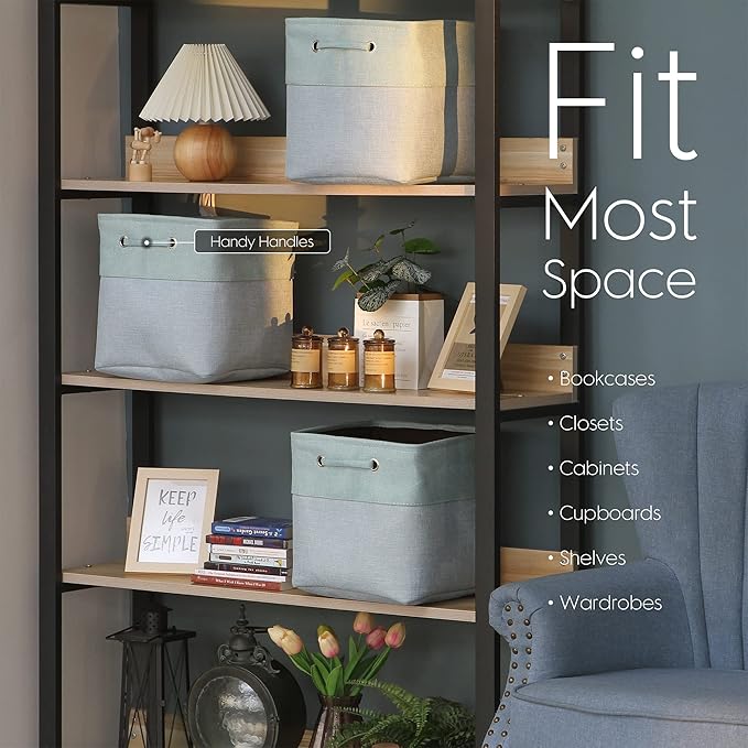Sea Team 3-Pack Cubic Storage Basket Set, Storage Cube Organizer, Clothes Toys Bin, 11 x 11 x 11 Inches, Big Square Canvas Fabric Collapsible Shelf Box with Handles for Kids Room (Pale Blush/White)