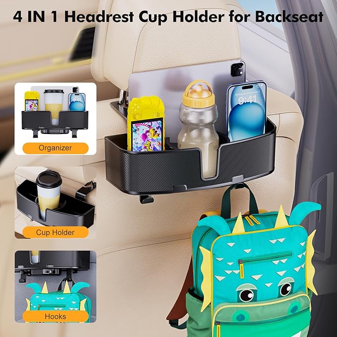 Car Headrest Cup Holder for Back Seat Organizer for Multi-Hanging Snack Storage Box with Strong Hooks for Kids and Uber Backseat Passengers Share Rid for Travel Accessories