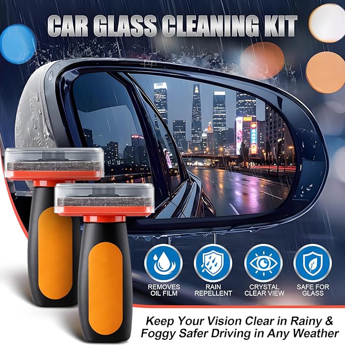 Dreyoo Glass Cleaner, Glass Oil Film Remover for Car, 120ml Roll-on Oil Film Remover with Cleaning Board, Automotive Cleaning Brush for Car Windows, Improves Clarity and Visibility (2pcs)