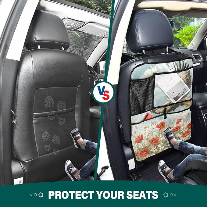 Blue Eagle Poppy and Daisy Flowers 2 Pack Backseat Car Organizer with Storage Pockets Seat Back Organizers for Kids Kick Mats Backseat Protector Automotive