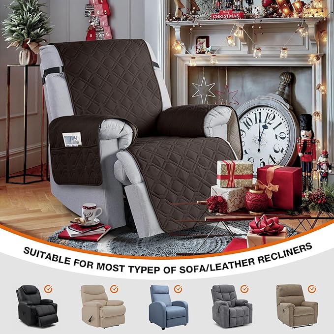 VANSOFY 100% Waterproof Recliner Chair Covers, Recliner Cover Non-Slip Dog Chair Cover Furniture Protector Washable Slipcover with Pocket, Elastic Straps for Pets, Dogs(Chocolate, 23.6")