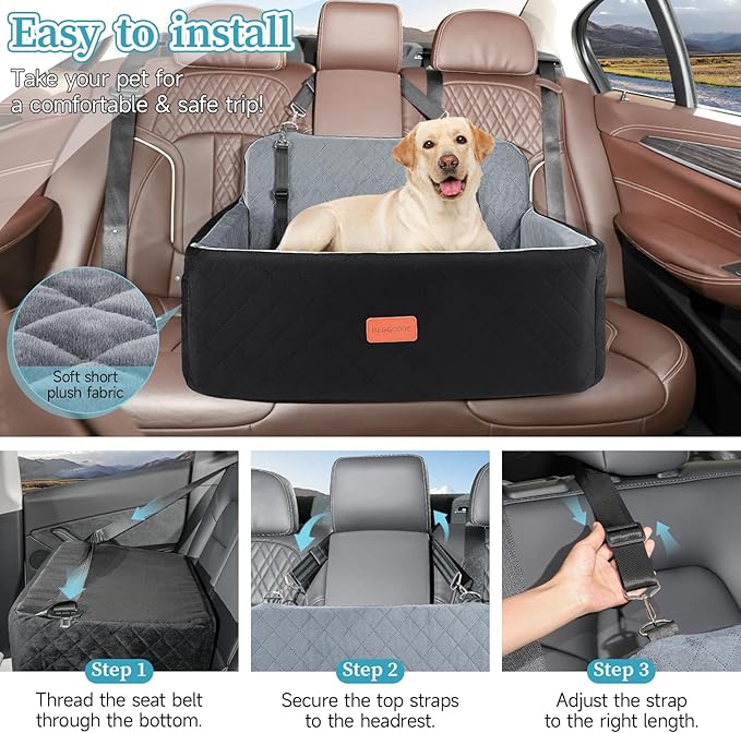 HEGGCOOE Dog Car Seat for Medium/Large Dogs, Pet Booster Seat for Under 55 lbs or 2 Small Dogs, Detachable & Washable Dog Car Bed for Backseat with 2 Safety Leashes (Black/Grey)