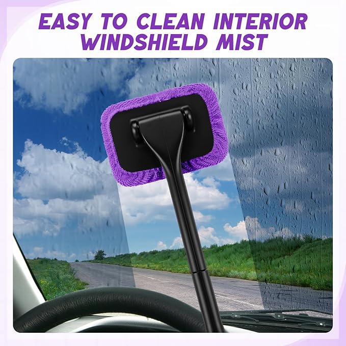 FoldTier 8 Pcs Car Windshield Cleaner Tool Kit with Removable Handle, Microfiber Towel Pads, Brush, Empty Spray Bottle for Auto Glass Wiper Suvs Rvs & Home Windows(Purple)