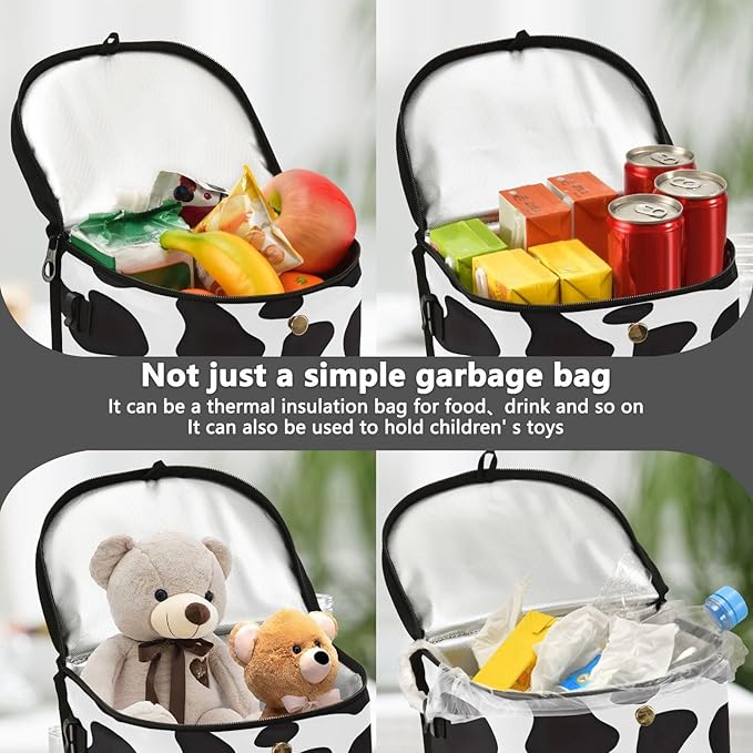 Bolaz Black and White Cow Print Waterproof Car Trash Can Leak Proof Car Trash Bag with Lid Car Garbage Can for Headrest SUV Truck