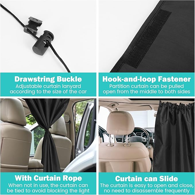 VANPET 99% Light Blocking Car Curtains, 1 Rear Seat Divider Curtain & 2 Rear Side Window Curtains, Car Curtains for Windows, Wide Sedan SUV Sunshade Covers Car Cabana(Extra Large Car Curtains 3 Pcs)