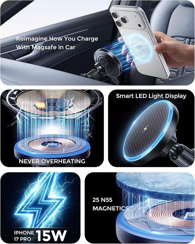 Estbuc 2-in-1 15W Magsafe Car Mount Charger, Magnetic Wireless Car Charger, 360° Dashboard & Air Vent Phone Mount, Phone Holders for Your Car, Car Accessories for Men Women for iPhone 17-12