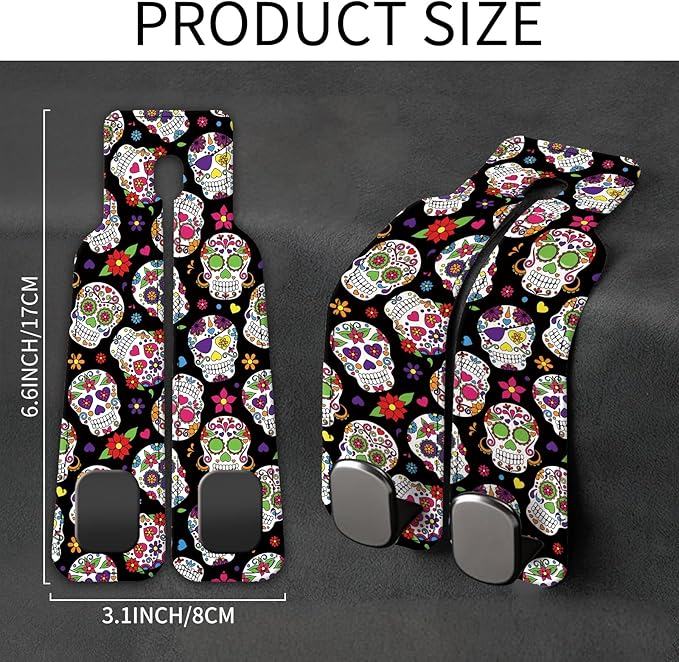 Car Seat Back Storage Headrest Hook, Premium Leather Double Metal Hook, Hanger Storage Organizer for Purse Cloth Bag, Car Interior Accessories Luxury Flower Skull