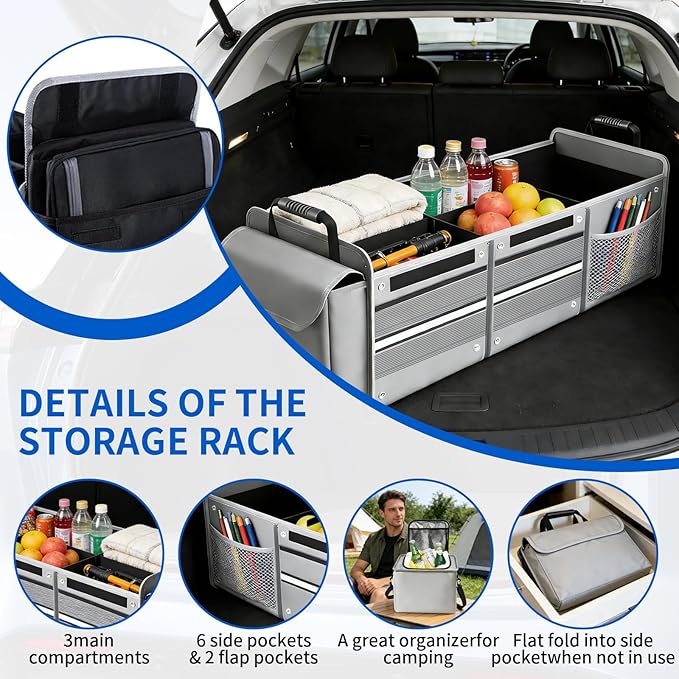 Collapsible Trunk Organizer for Car with Insulated Leakproof Cooler Bag, 3 Compartments SUV Cargo Organizer w/Removable Dividers, 5-in-1 Storage w/Foldable Lid & 2 Tie-Down Straps (Grey)