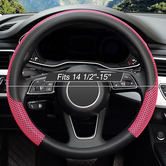 KAFEEK 15 inch Steering Wheel Cover, Cooling Ice Silk Mesh with Microfiber Leather, Heat Resistant, Breathable, Anti-Slip, Summer Cool, Universal Fit, Black & Red