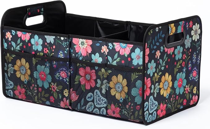 Paws Car Trunk Organizer Foldable Storage Bin with Handles Non Slip Base Pet Gear Travel Tote for SUV Truck (Floral Pawscape)