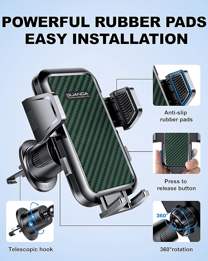 [2026 New] Car Vent Phone Mount, [Upgrade Hook Clip Never Shake] Adjustable 360 Rotation Vent Clip Car Phone Holder Mount, Big Phone & Thick Case Friendly Fit for All iPhone, Samsung & Cell Phone