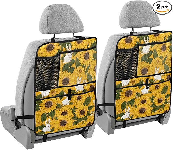 2 Pack Back Seat Car Organizer with Storage Pockets Kick Mats Back Seat Protector Hanging Car Organizer Automotive Seat Back Cover Organizers Autumn Sunflower and Cute Rabbit