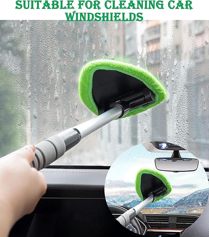 Windshield Window Cleaner Tool, Windshield Cleaner Car Windshield Cleaning Tool with Reusable Microfiber Pads Glass Wiper Kit with Extendable Handle Car Window Cleaner for Car Cleaning (1, Green)