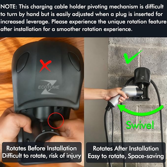 EV Charging Cable Holder, Swivel Electric Car Charger Wall Mount with 3-Types Wall Anchor for All Walls, J1772 Holder for Tight Garage, Outdoor Cord Organizer Use, Save 50% Space