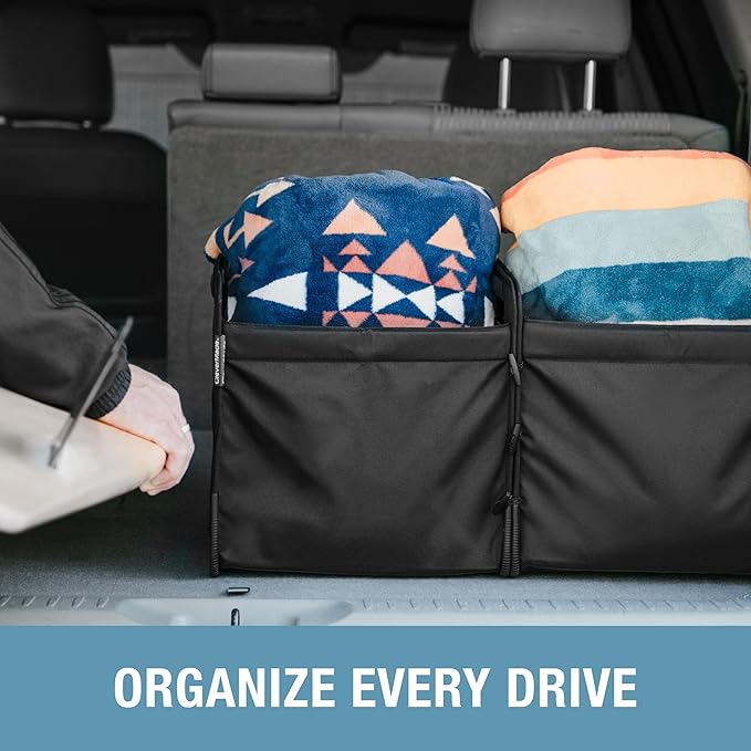 CleverMade Double Trunk Caddy 46L – Collapsible Trunk Organizer for SUV with Flex-Frame Structure, Connectable Car Storage Basket for Groceries & Cargo – Midnight Black