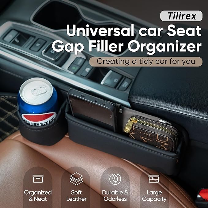 Universal Car Seat Gap Filler Organizer, Premium Leather Car Seat Organizer, Seat Gap Storage Box with Cup Holder for Drink, Front Seat Gap Bag for Phone, Sunglasses,Keys, 2 Packs (Left+Right)