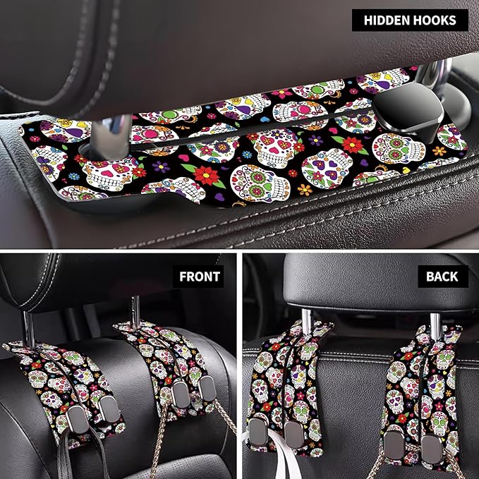 Car Seat Back Storage Headrest Hook, Premium Leather Double Metal Hook, Hanger Storage Organizer for Purse Cloth Bag, Car Interior Accessories Luxury Flower Skull