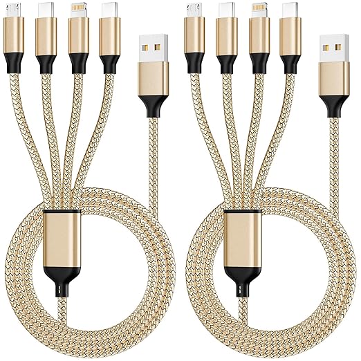 Travel Essentials, Dual Type-C 4 in 1 Charging Cable 2 Pack 5FT Multi Charging Cables for All Devices,iPhone Charger Cord Adapter 2 USB-C/IP/Micro Port for Phones,Pad,Galaxy (Gold)