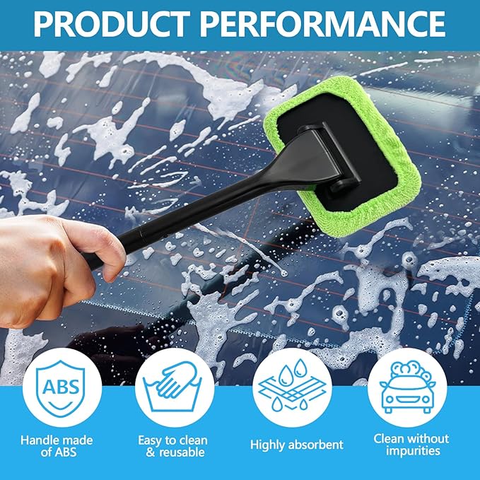 wuyaoyao Car Windshield Cleaning Tool, Car Window Cleaner with Detachable Handle & 2 Washable and Reusable Microfiber Pads, Universal Auto Glass Wiper Car Windshield Cleaner Kit