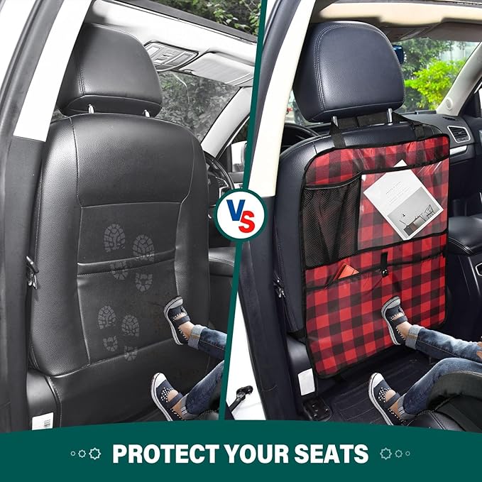 2 Pack Back Seat Car Organizer with Storage Pockets Kick Mats Back Seat Protector Hanging Car Organizer Automotive Seat Back Cover Organizers Red and Black Buffalo Plaid
