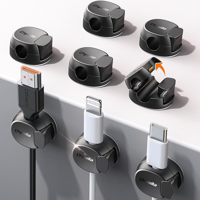 8Pack Cord Organizer [Dual Spring & Clasp, Max Secure] Cable Clips - Chfeila Cable Management, Adhesive Phone Charging Wire Holder for Nightstand/Wall, Home Office Desk Accessories Decor Essentials