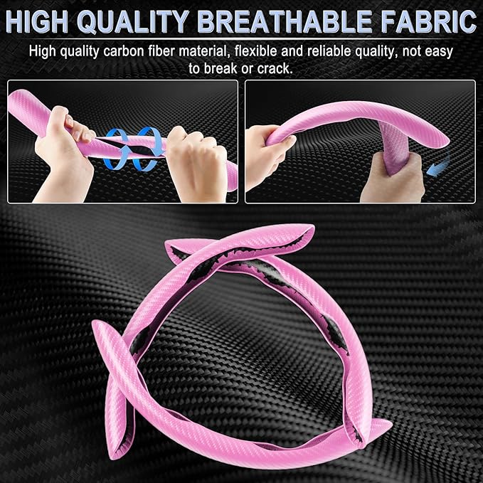 Amiss 3pcs Carbon Fiber Anti-Skid Steering Wheel Cover, Waterproof & Segmented Butterfly Design, Universal 99% Vehicle Wheel Cover Protector, Car Interior Accessories (Pink-3pcs)
