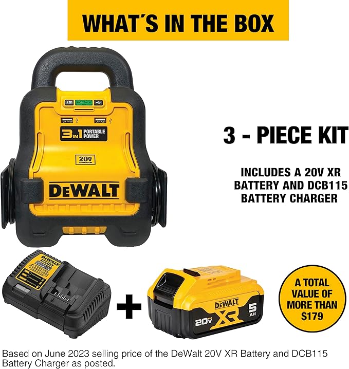 DeWalt DXAE20VBBK Battery Booster with 20V XR 5 AH Lithium-Ion Battery and DCB115 Battery Charger
