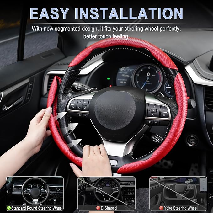 Amiss 3pcs Carbon Fiber Anti-Skid Steering Wheel Cover, Waterproof & Segmented Butterfly Design, Universal 99% Vehicle Wheel Cover Protector, Car Interior Accessories, Red