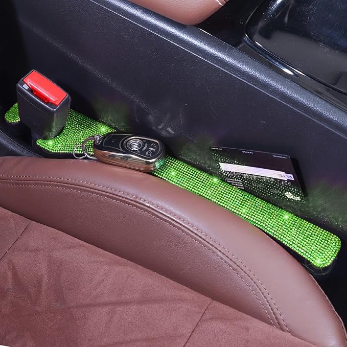 Briwill Green Bling Car Seat Gap Filler, Set of 2 Handmade Crystal Rhinestone Diamond Green Car Gap Filler Fit for Car Truck SUV Lime Green Bling Car Accessories(Grass Green)