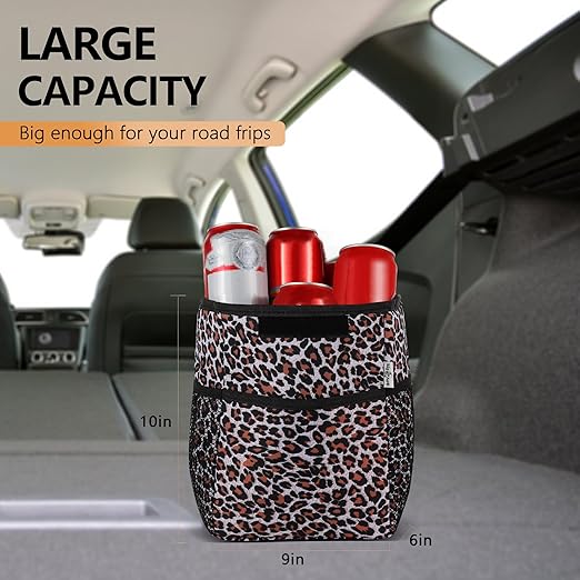 Big Ant Leopard Car Trash Can with Lid & Coasters | 2 Gallon Leak-Proof Hanging Garbage Bin for Back Seat | Waterproof Storage Organizer & Cooler Bag for Road Trips, SUVs & Family Travel