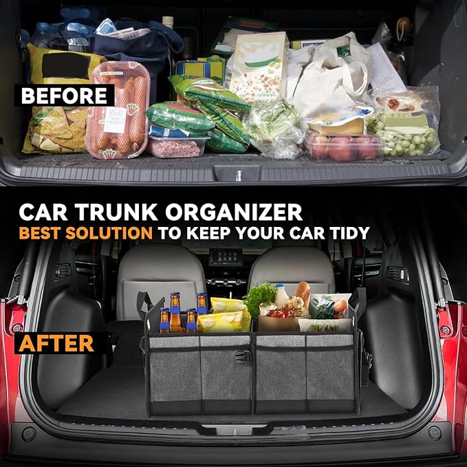 Auto Dynasty Collapsible Car Trunk Organizer, Grey Foldable Cargo Storage Container with Water Resistant Fabric for Car Accessories, SUV, Van, Tools, 2 Compartments