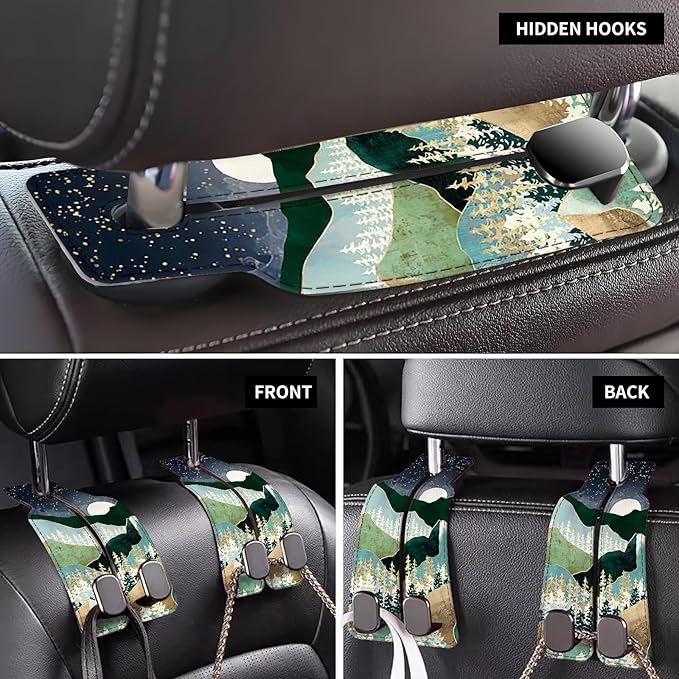 Car Seat Back Storage Headrest Hook, Premium Leather Double Metal Hook, Hanger Storage Organizer for Purse Cloth Bag, Car Interior Accessories Cute Mountain Moon