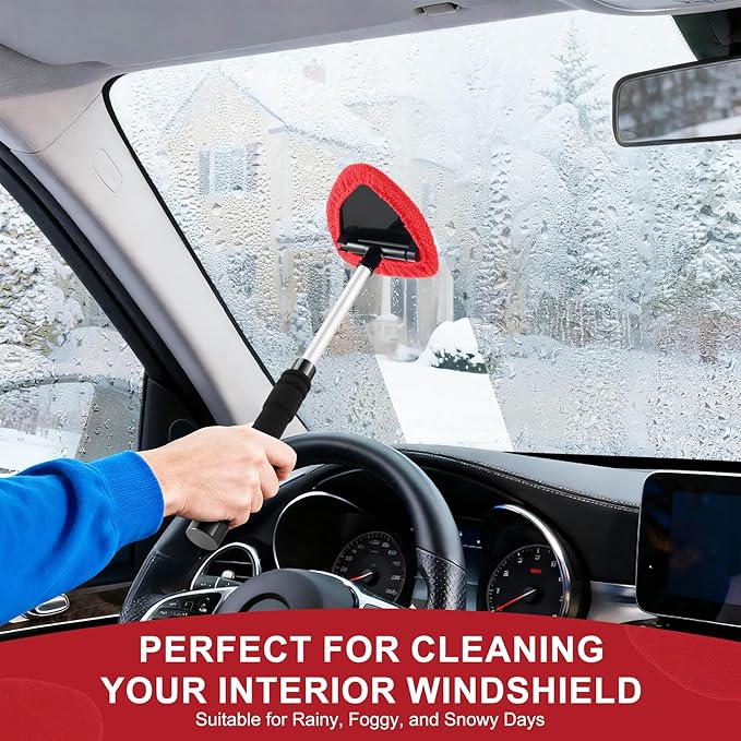 JUSTTOP Windshield Cleaner Tool, Car Interior&Exterior Window Cleaning Tool with Extendable Handle & 4 Reusable Microfiber Pads, Auto Glass Wiper Brush Kit for Cars (Red)