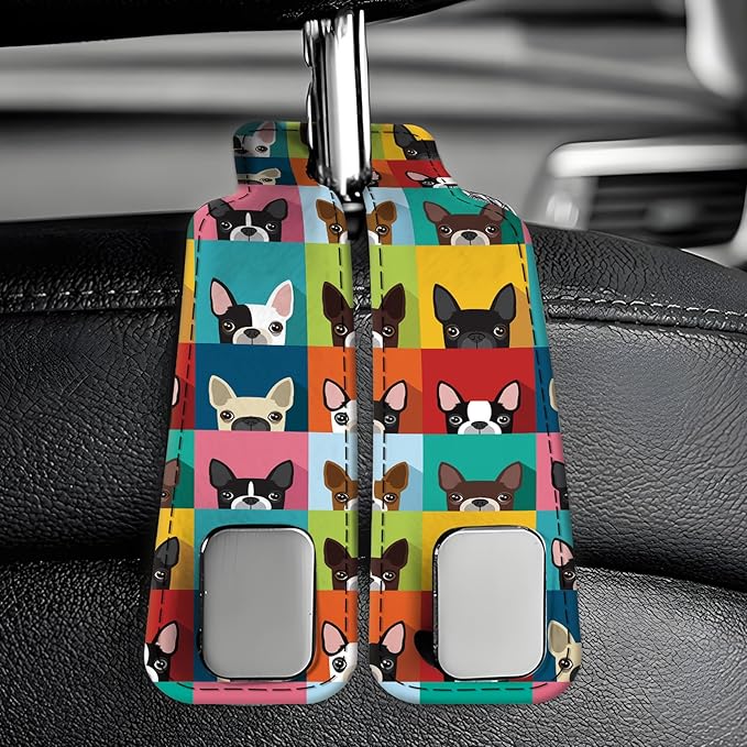 Car Seat Back Storage Headrest Hook, Premium Leather Double Metal Hook, Hanger Storage Organizer for Purse Cloth Bag, Car Interior Accessories Colorful Cute Dogs
