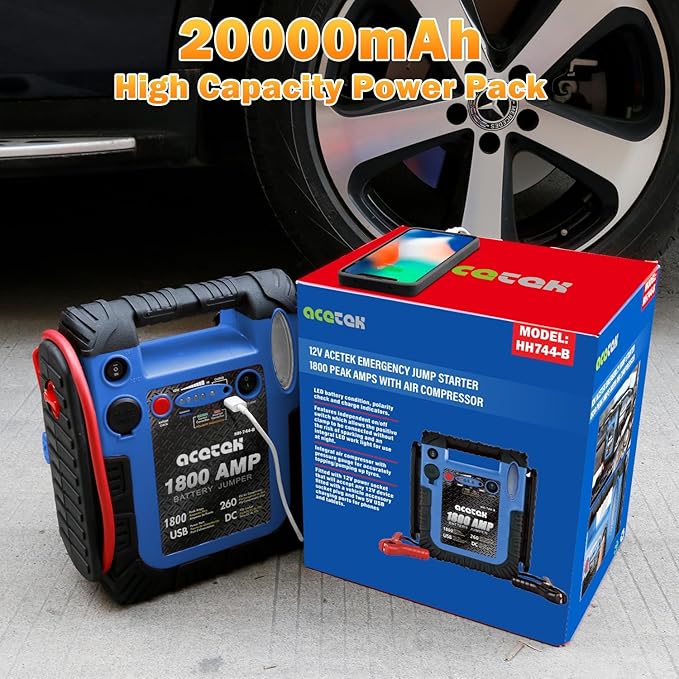 1800 Amp Jump Starter with Air Compressor, acetek Car Battery Jump Box 260 PSI Tire Inflator, 20000 mAh 12V Auto Lead-Acid Battery Booster (Up to 6L Gas or 6L Diesel Engine) with LED Light & USB