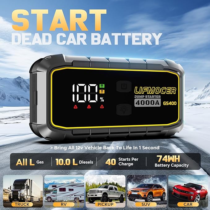 LIFMOCER GS400 Jump Starter - 4000A Car Battery Jump Starter for Up to 12.0L Gas and 10.0L Diesel Engines, 12V Portable Jump Box with Storage Case USB Quick Charge, and LCD Display