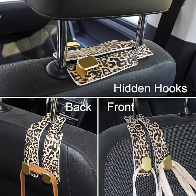 Purse and Bag Hook for Car, Zinc Alloy Seat Headrest Hooks, Upgraded Leather Car Seat Back Purses Hanger and Bags Holder (Leopard, 2Pack)