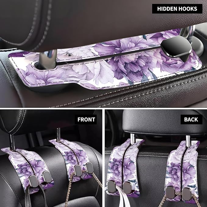 Car Seat Back Storage Headrest Hook, Premium Leather Double Metal Hook, Hanger Storage Organizer for Purse Cloth Bag, Car Interior Accessories Purple Cute Flowers