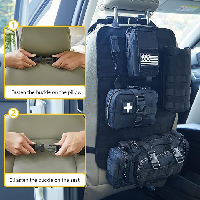 BXBXHD Universal Tactical Car Seat Back Organizer Bag Tactical Molle Vehicle Organizers Panel Vehicle Protector Organizers with 4 Detachable Pouches for Car Truck Ford Jeep Vehicle (Black)